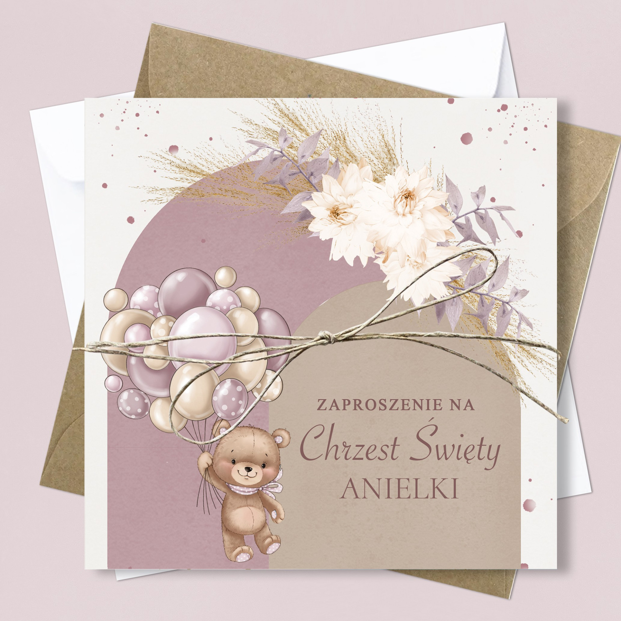 Zaproszenie na Chrzest Święty - KREATOR - Teddy Bear Pink