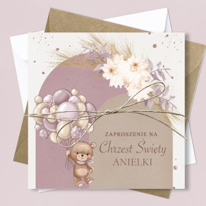 Zaproszenie na Chrzest Święty - KREATOR - Teddy Bear Pink