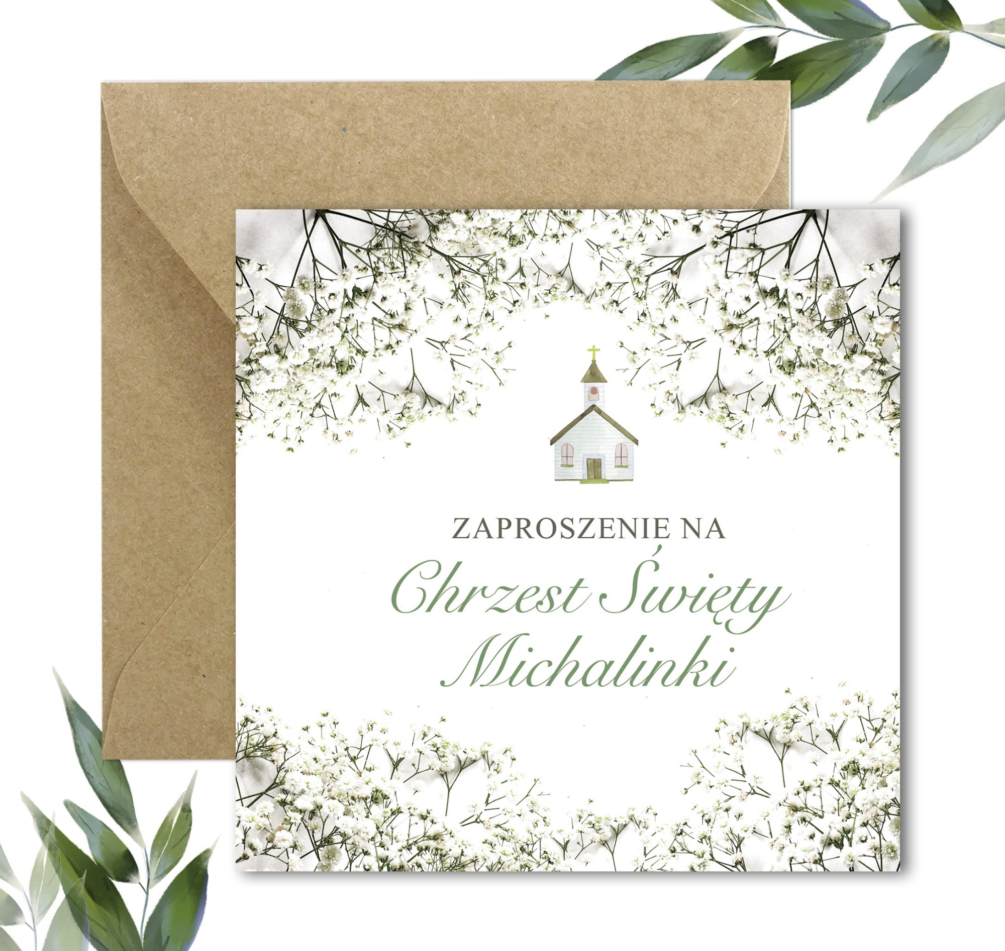 Zaproszenia na Chrzest Święty Gipsówka Green 24H