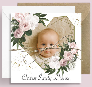 Zaproszenie na Chrzest Święty - KREATOR - Floral Heart - ze Zdjęciem