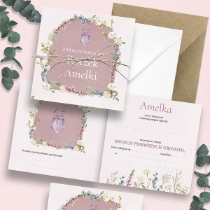 Zaproszenia Dzikie Kwiaty Różowe 24h na Pierwsze Urodziny Roczek Dziecka