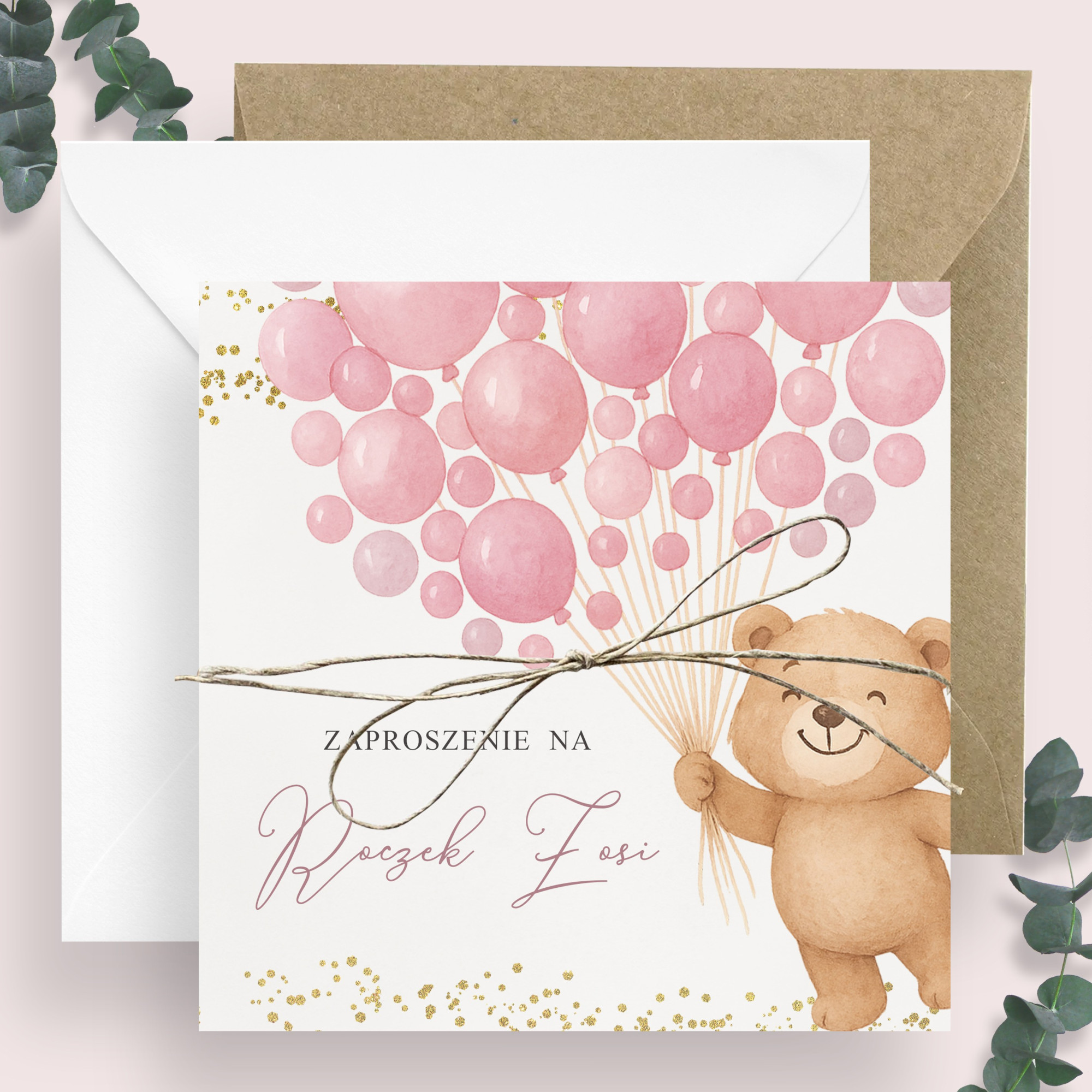 Zaproszenia Miś Sparkle Pink 24h na Pierwsze Urodziny Roczek Dziecka