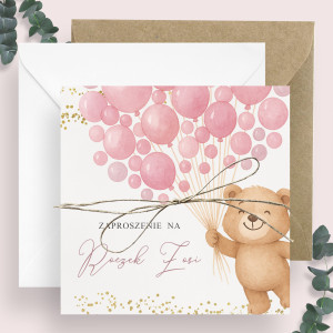 Zaproszenia Miś Sparkle Pink 24h na Pierwsze Urodziny Roczek Dziecka