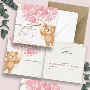 Zaproszenia Miś Sparkle Pink 24h na Pierwsze Urodziny Roczek Dziecka