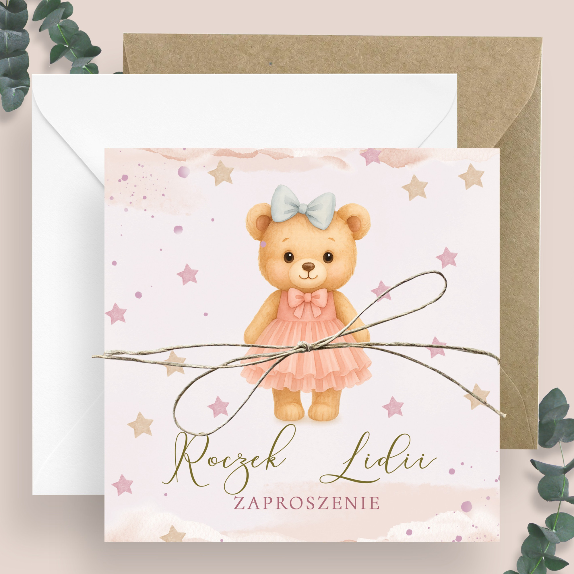 Zaproszenia Miś w Sukience 24h na Pierwsze Urodziny Roczek Dziecka