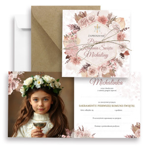 Zaproszenia na Komunię Świętą Komunijne Boho Flowers | ze zdjęciem KREATOR
