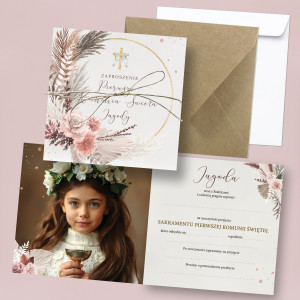 Zaproszenia na Komunię Świętą Komunijne Boho Wreath | ze zdjęciem KREATOR