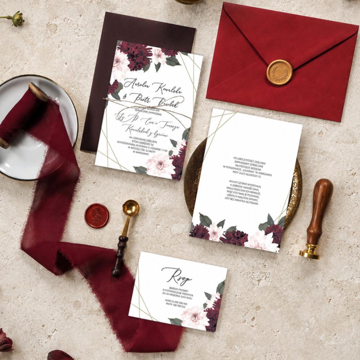 Zaproszenie ślubne z RSVP Rustic Burgundy