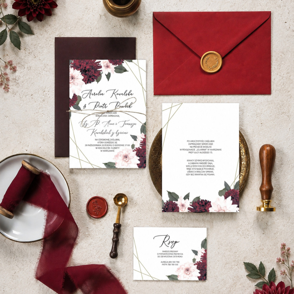 Zaproszenie ślubne z RSVP Rustic Burgundy