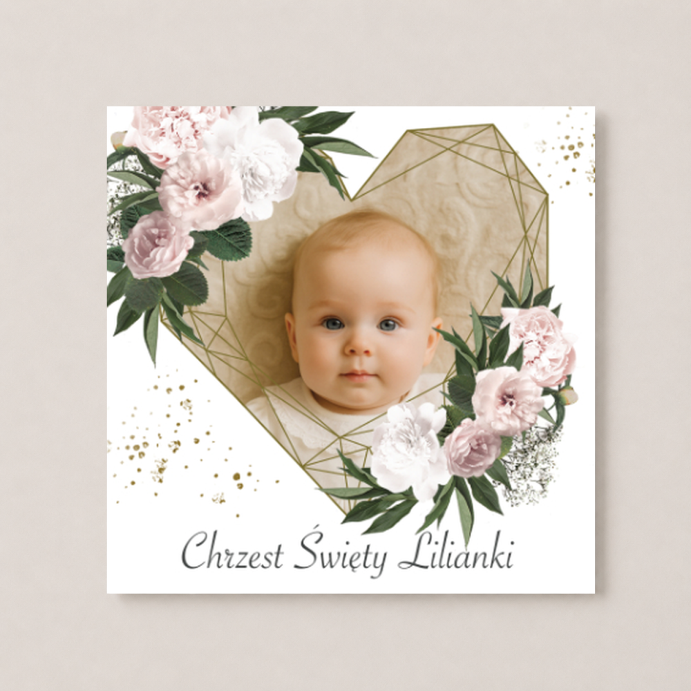 Zaproszenie na Chrzest Święty - KREATOR - Floral Heart - ze Zdjęciem
