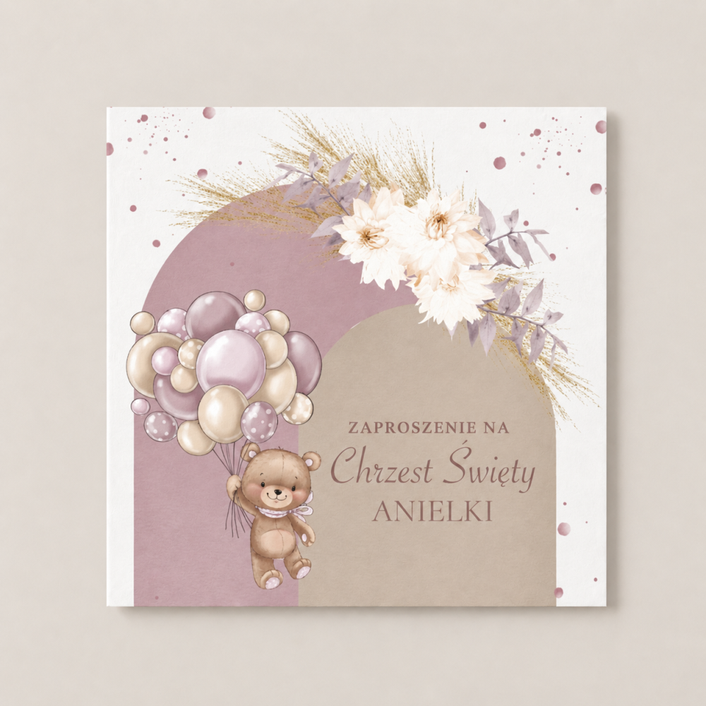 Zaproszenie na Chrzest Święty - KREATOR - Teddy Bear Pink