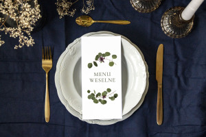 Menu weselne Eukaliptus z kwiatem leżące