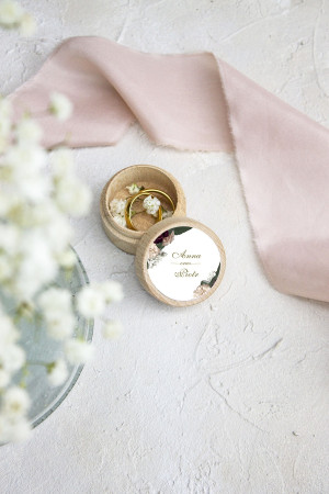 Małe drewniane okrągłe pudełko na obrączki Floral Marsala
