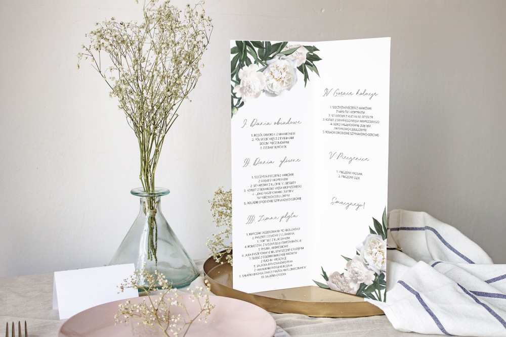 Menu weselne składane wolnostojące White Peony