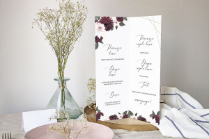 Menu weselne składane wolnostojące Rustic Burgundy