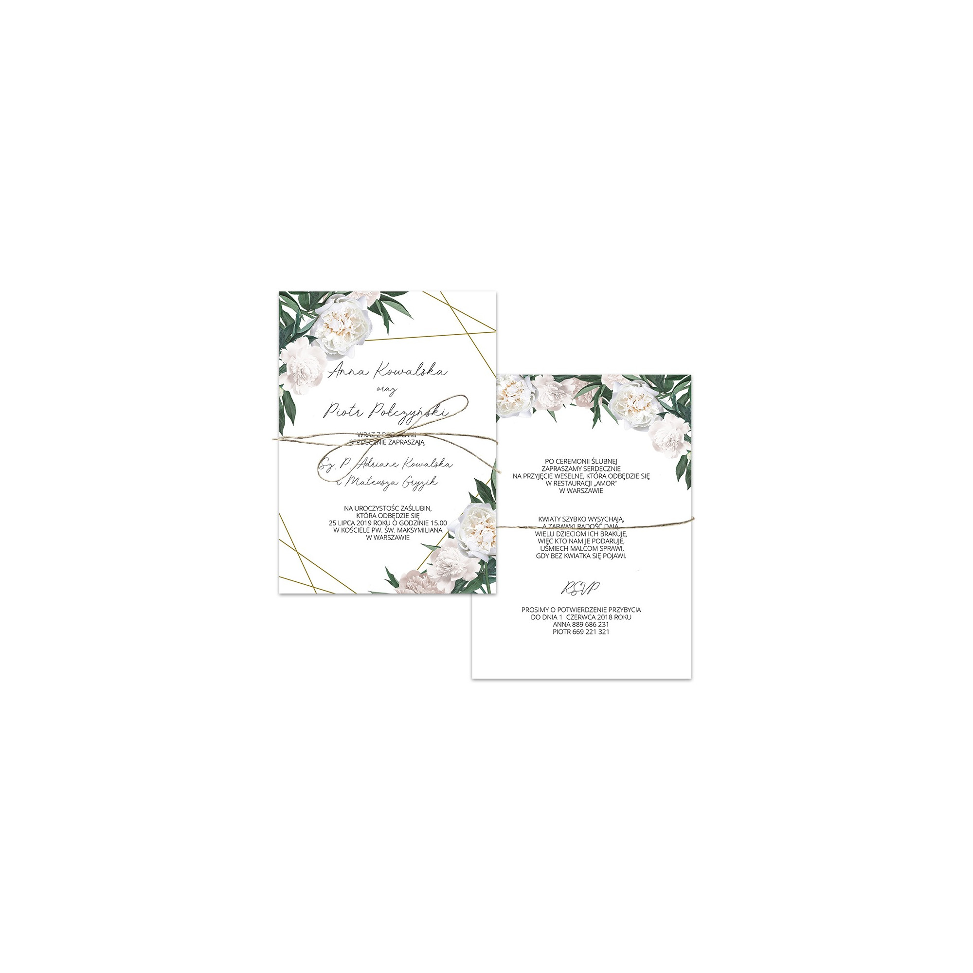 Zaproszenie ślubne jednokartkowe dwustronne White Peony