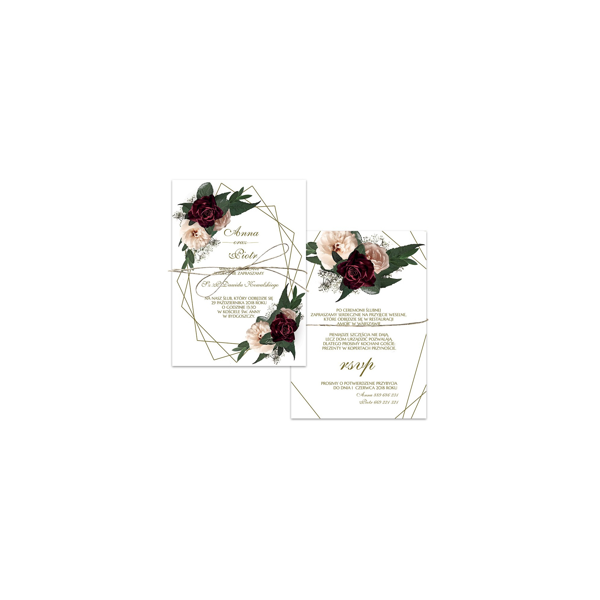 Zaproszenie ślubne jednokartkowe dwustronne Floral Marsala