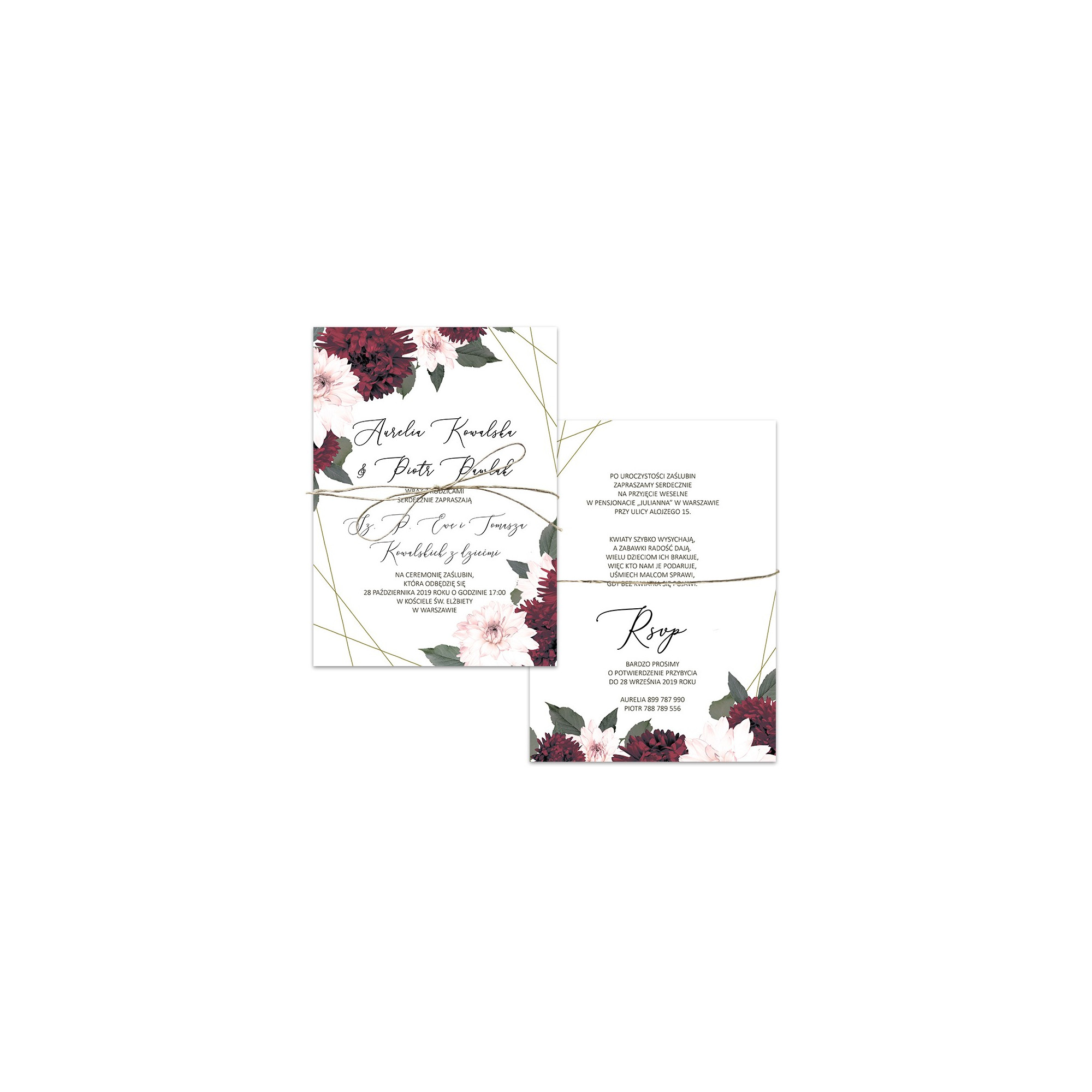 Zaproszenie ślubne jednokartkowe dwustronne Rustic Burgundy