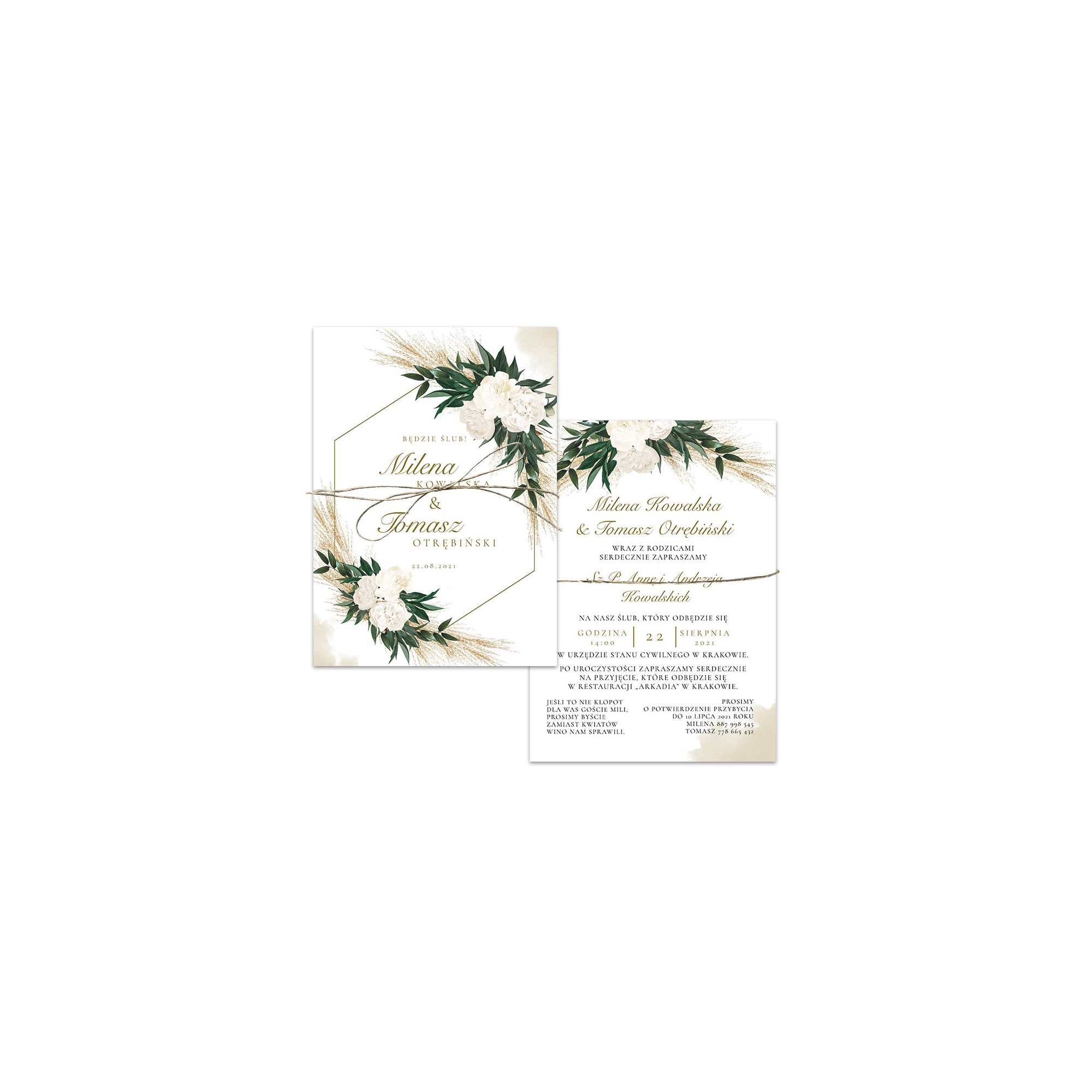Zaproszenie ślubne jednokartkowe dwustronne Greenery Boho