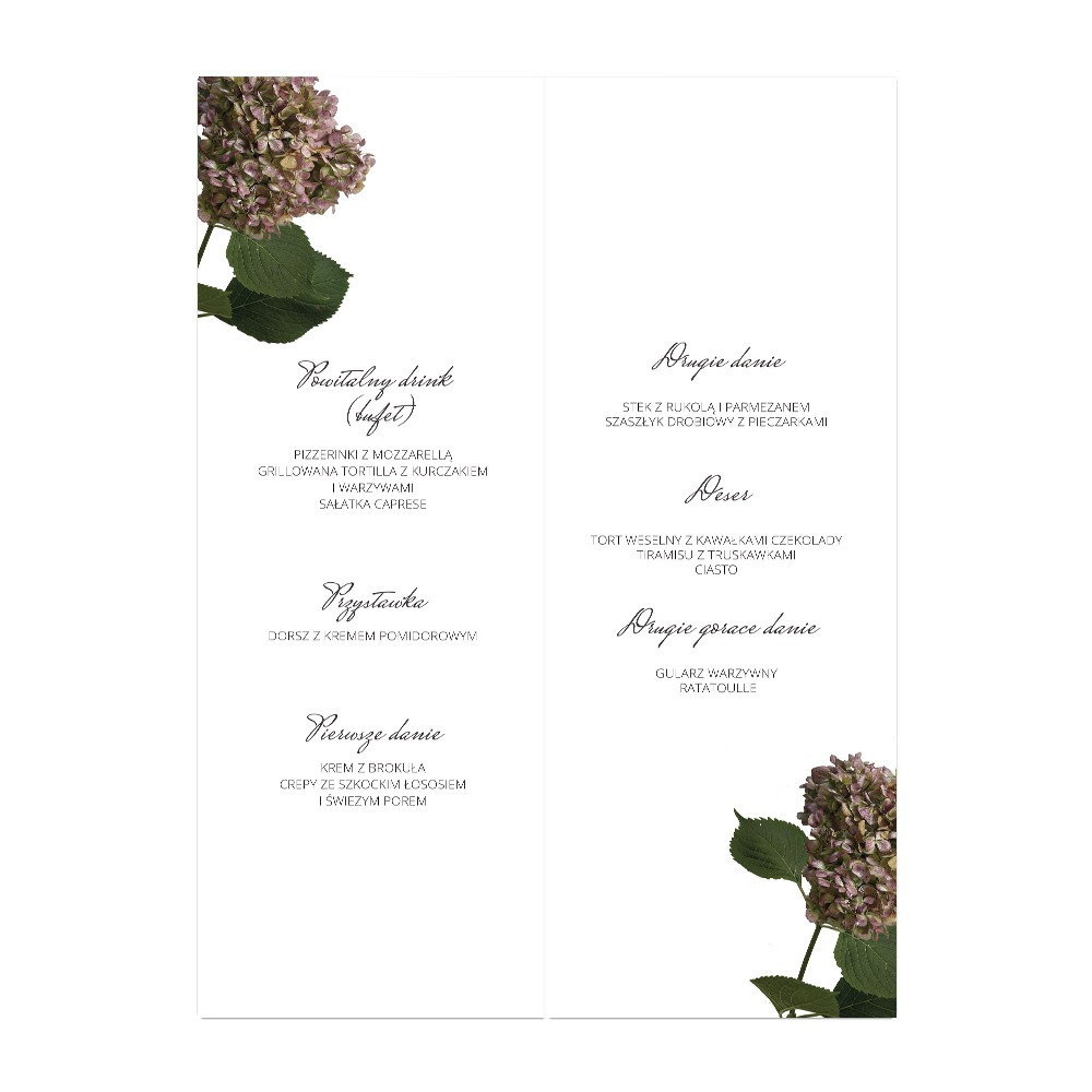 Menu weselne składane wolnostojące Hortensja